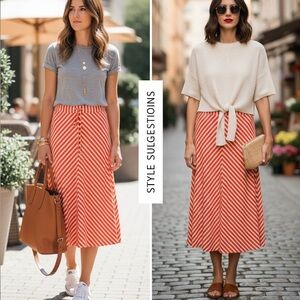 Joules Red & White Striped Midi Skirt | Size US 14 (UK 18 / EU 46)